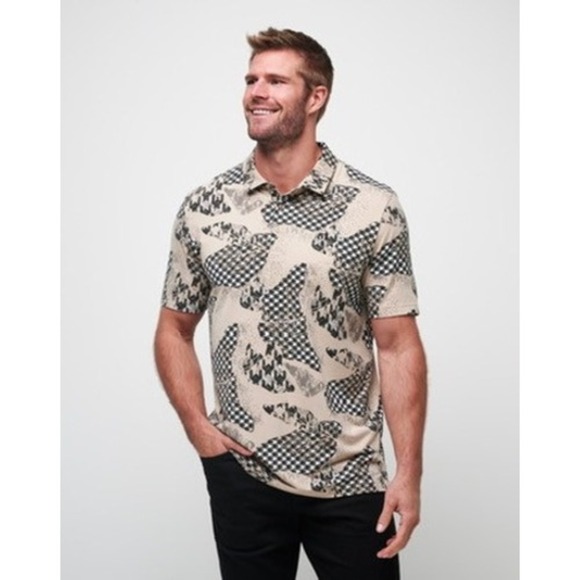 Travis Mathew Mens Short Sleeve Golf Polo Shirt XXL Tan Black White Houndstooth - Picture 1 of 10